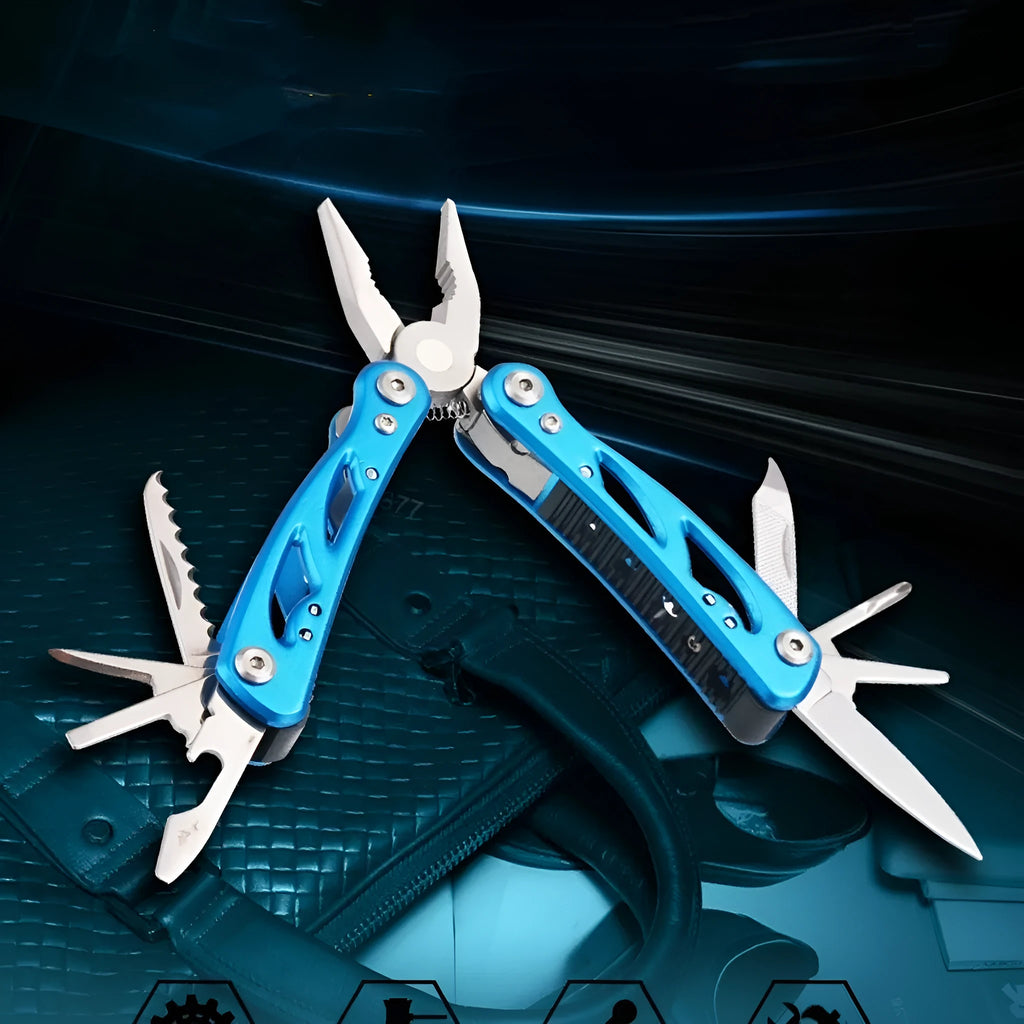 Blue outdoor multi-function pliers knife with stainless steel construction and Oxford fabric carry bag