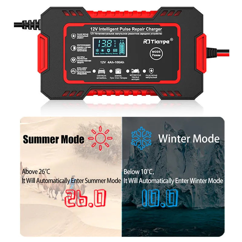 Car battery charger for lead acid batteries red US standard reverse connection protection on-screen display