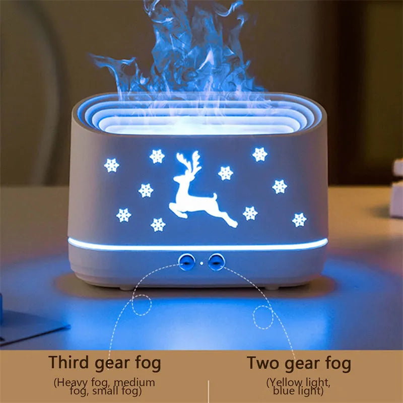 White round elk flame humidifier diffuser with USB cable, showing flame effect from mist and light on a desk