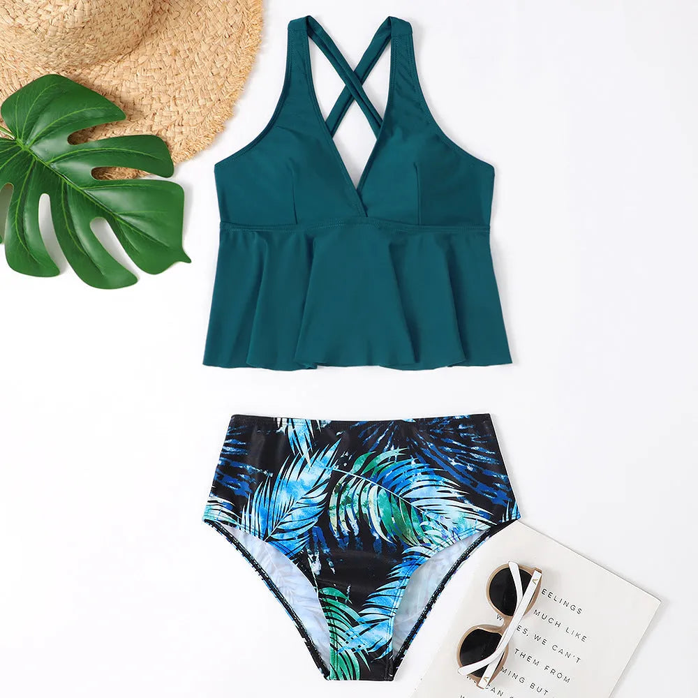 Peacock blue polyester high waist bikini set with ribbon detail on woman at beach