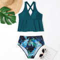 Peacock blue polyester high waist bikini set with ribbon detail on woman at beach