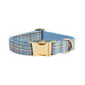 Sky blue grid pattern dog collar and leash set with matching bow and vest accessories