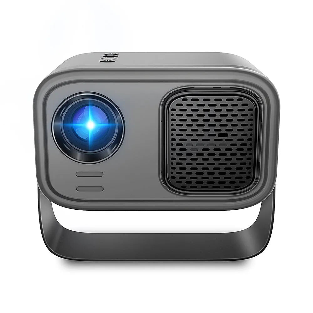 Black portable HD projector with remote control and cables for home office presentations