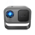 Black portable HD projector with remote control and cables for home office presentations