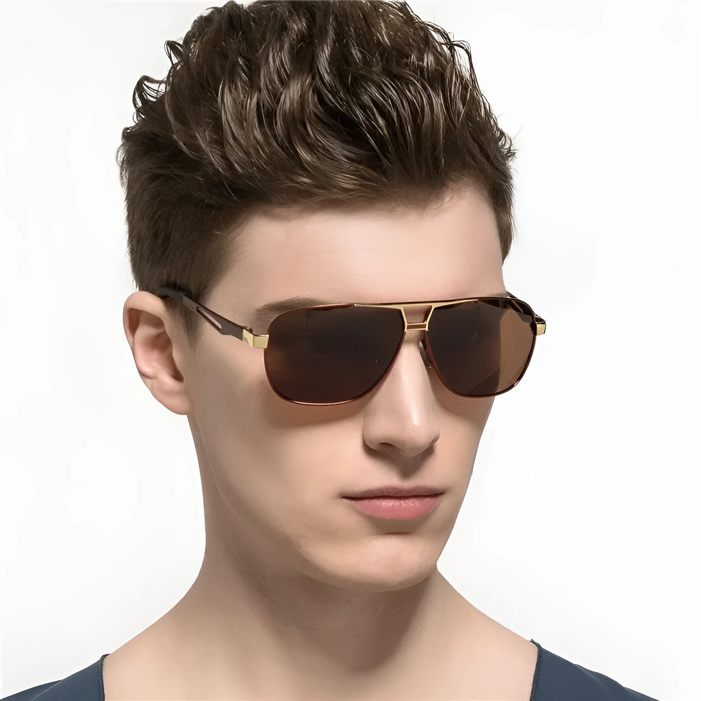 Men's orange red tinted polarised aviator sunglasses with a double-bridge metal frame on a solid background.