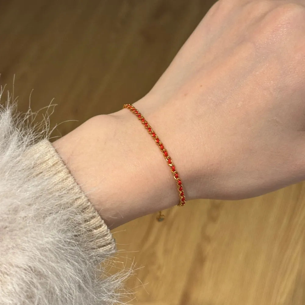 Women's 925 sterling silver bracelet with red rope, gold electroplated finish, and geometric ring design