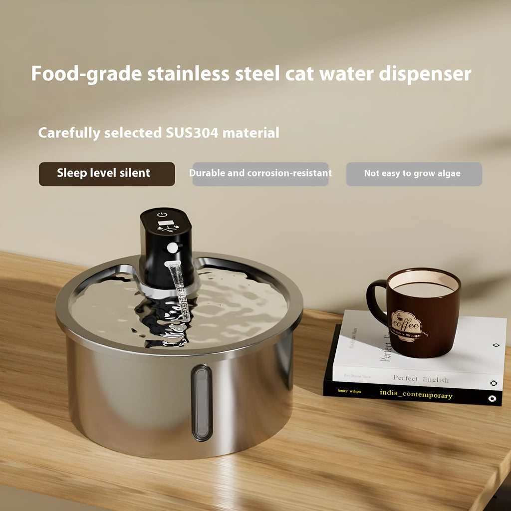 Stainless steel pet water fountain with heating base in black or white colour.