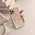 Simple Bear Bracket Silicone Phone Case in white with epoxy pink edge stars and love bear bracket, compatible with iPhone models