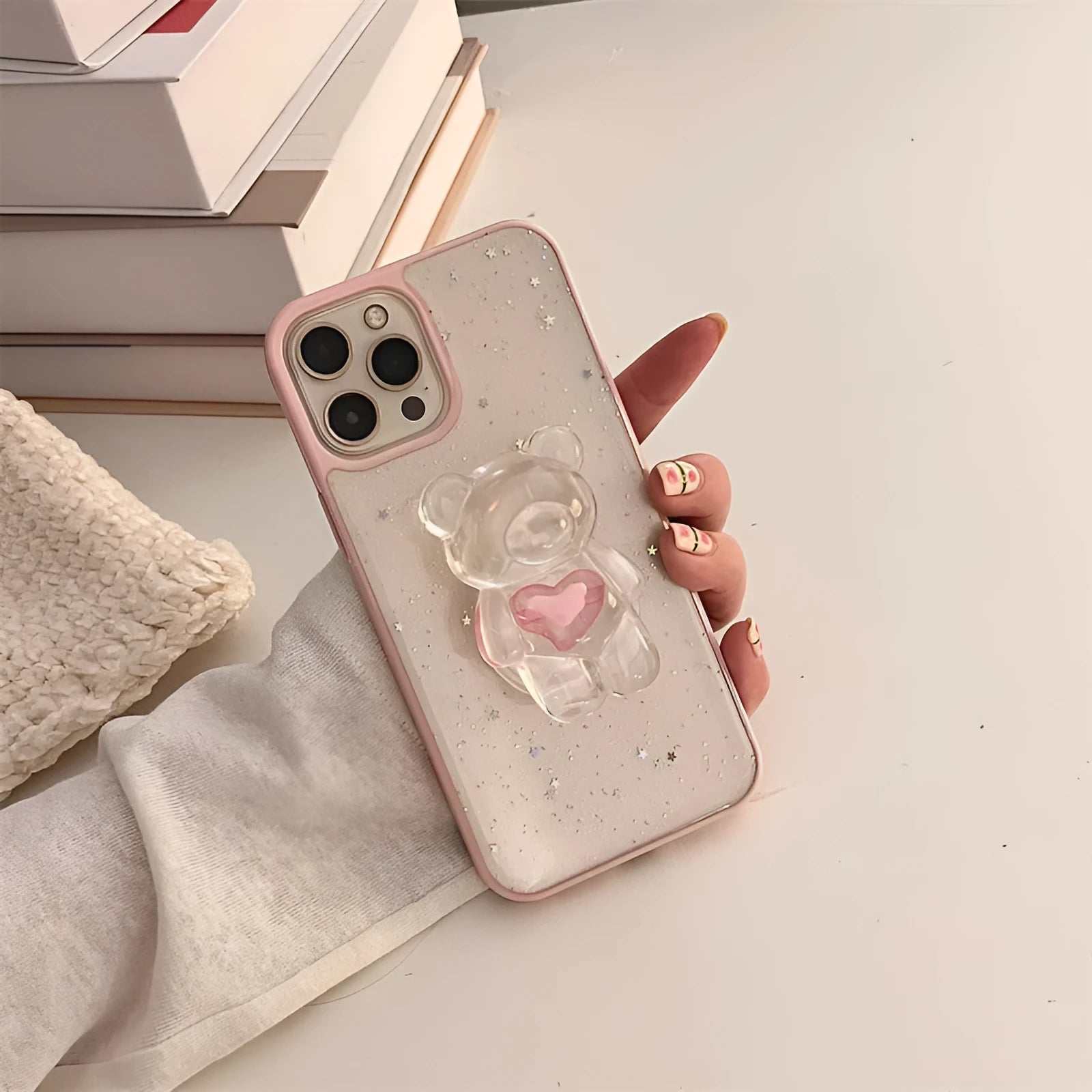 Simple Bear Bracket Silicone Phone Case in white with epoxy pink edge stars and love bear bracket, compatible with iPhone models
