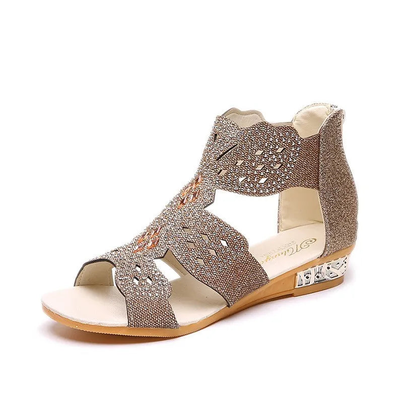 Women's flat casual sandals with rhinestone decoration and open toe fish mouth design