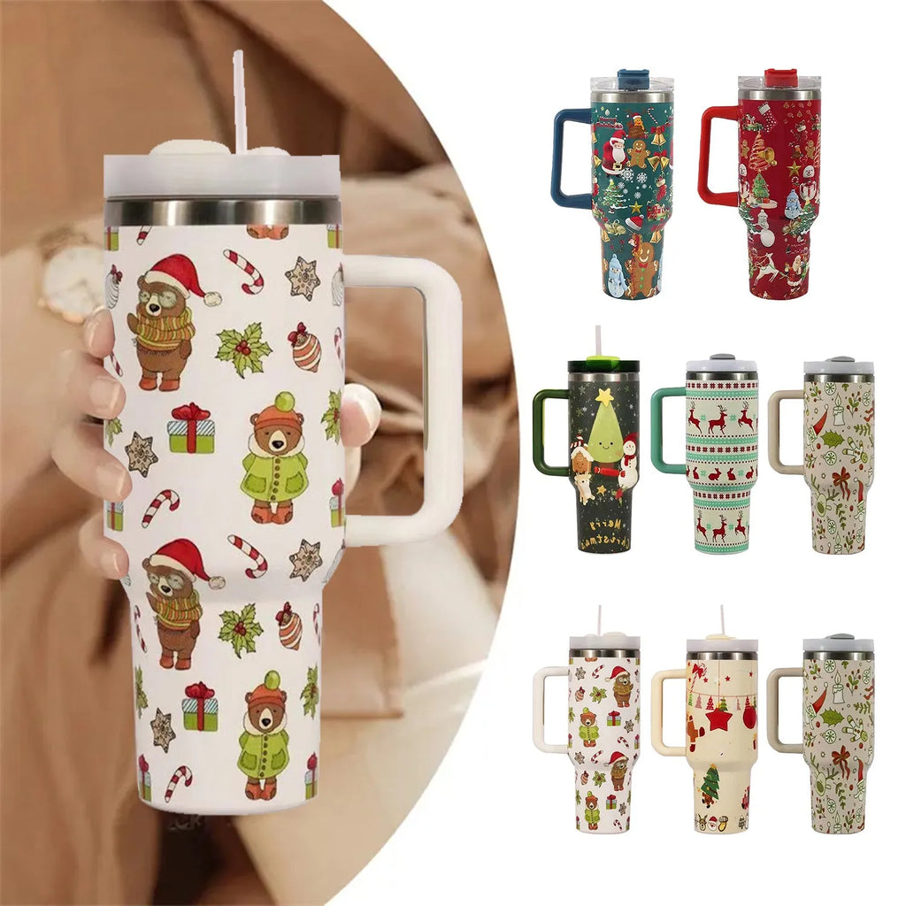 Red and green Christmas pattern stainless steel travel tumbler with handle and straw.