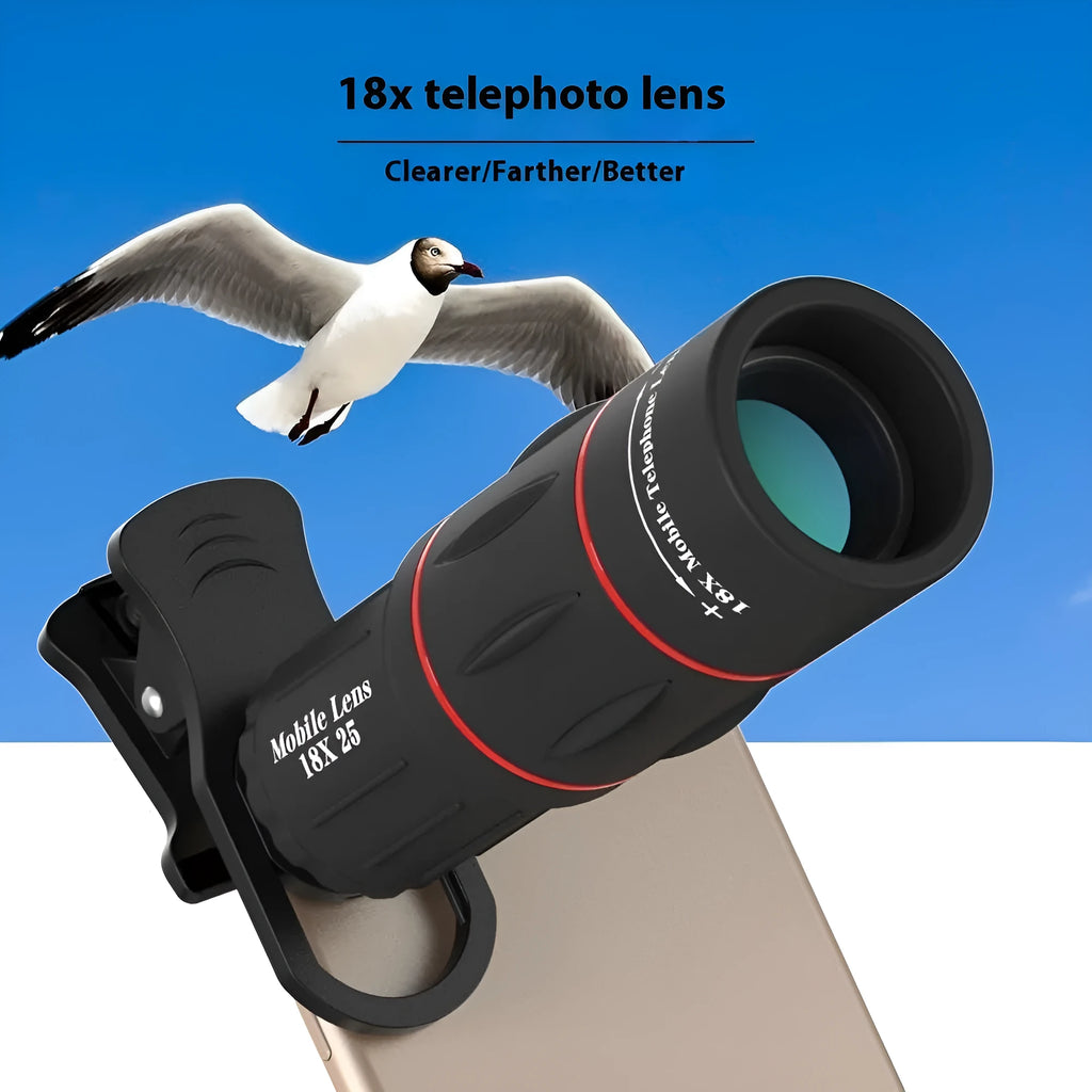 Mobile phone long-focus telephoto lens bracket set with 18× monocular telescope standard set on a smartphone