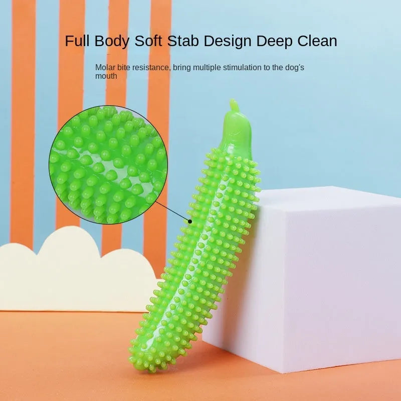 Green rubber dog teething chew toy with cucumber-like shape