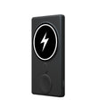 Slim black three-in-one magnetic wireless charging power bank showing USB port and charging surface