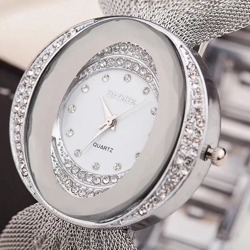 Ladies fashion watch with gold or silver alloy mesh strap, 40mm oval dial, 7mm thickness, jewellery clasp