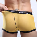 Men's solid colour mesh boxer briefs laid flat, showing available colours: white, yellow, red, black, blue.
