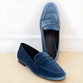 Blue artificial PU leisure loafers with a round toe and black rubber sole, shown on a white background.