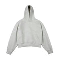 Short grey Chinese cotton velvet hooded sweater with long sleeves and a removable hood on a hanger.