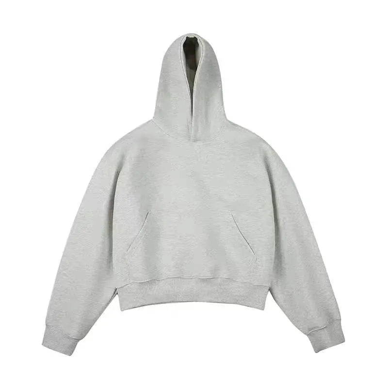 Short grey Chinese cotton velvet hooded sweater with long sleeves and a removable hood on a hanger.