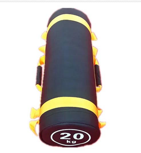 Flat white PVC fitness sandbag for weight training on a gym floor.