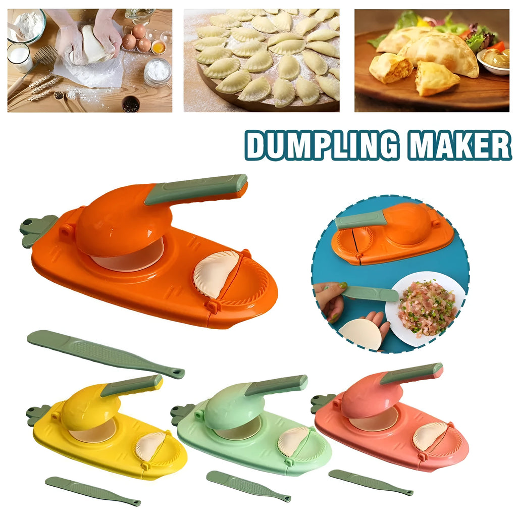 Orange and white plastic manual dumpling maker tool with press and mould.