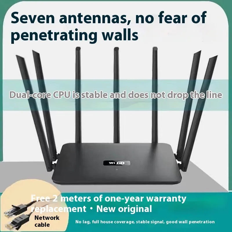 Black and white dual-band 5G gigabit home router with multiple antennas on a desk.