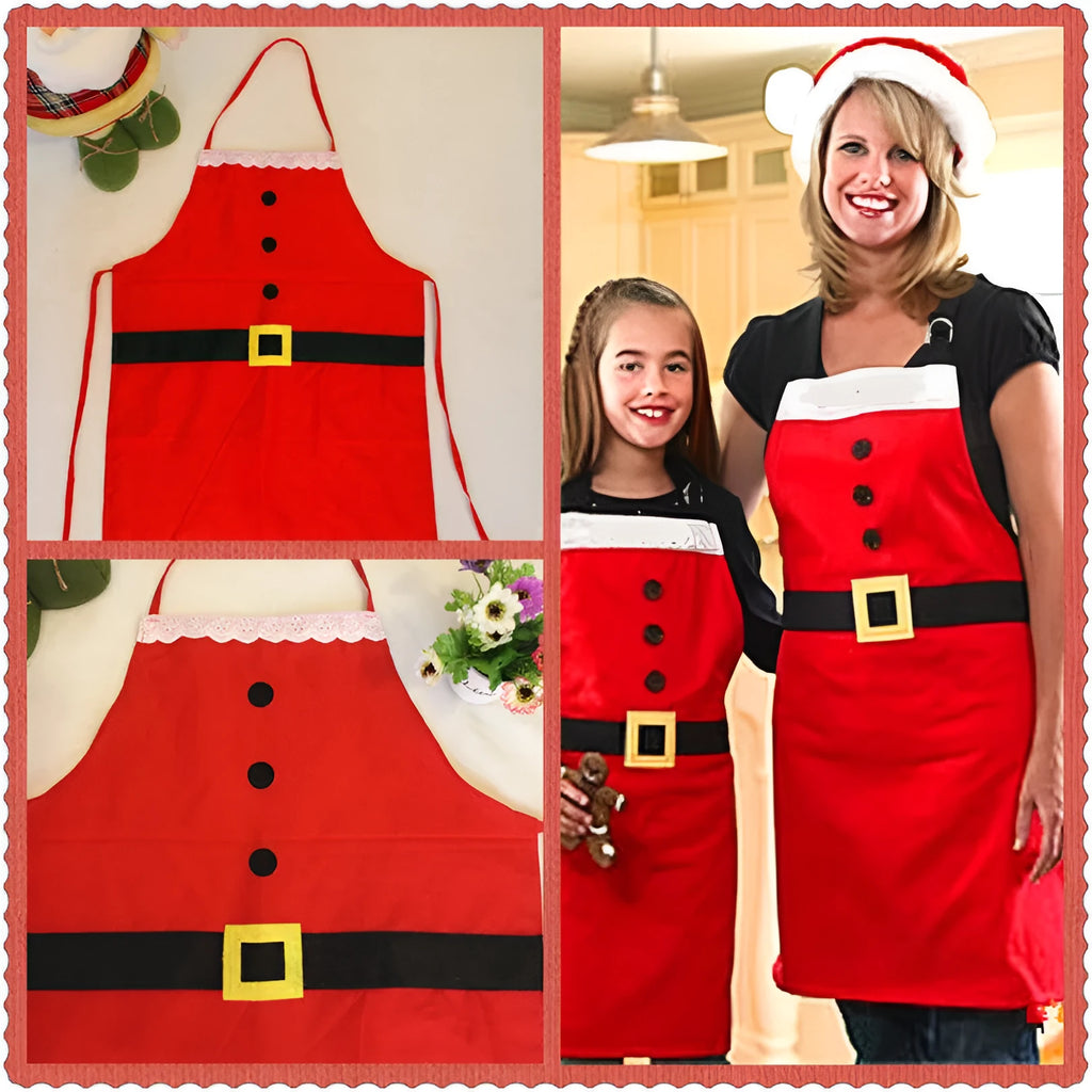 Red polyester Christmas apron shown in adult and children's sizes for festive kitchen use.