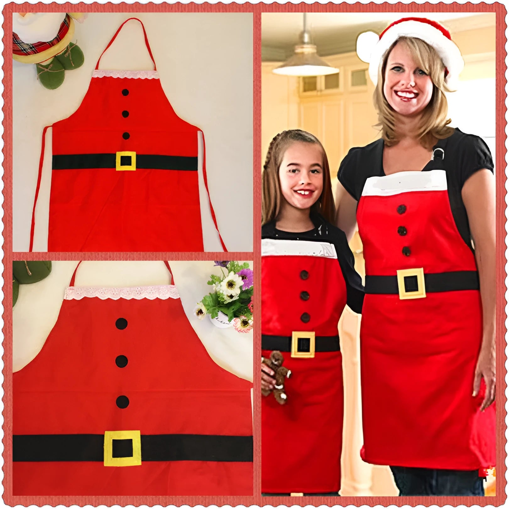 Red polyester Christmas apron shown in adult and children's sizes for festive kitchen use.