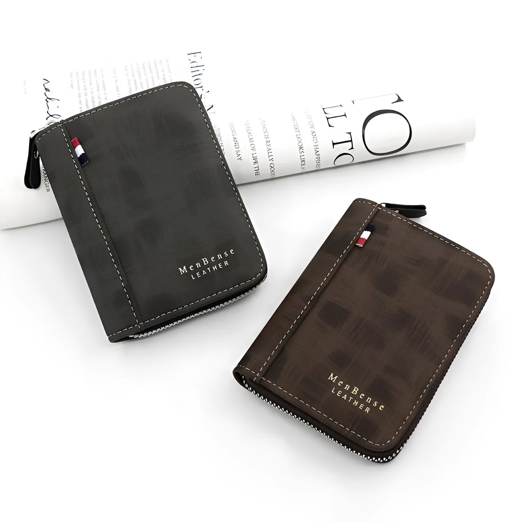 Business retro men's short wallet clutch in black polyurethane leather with letter print and multiple card pockets