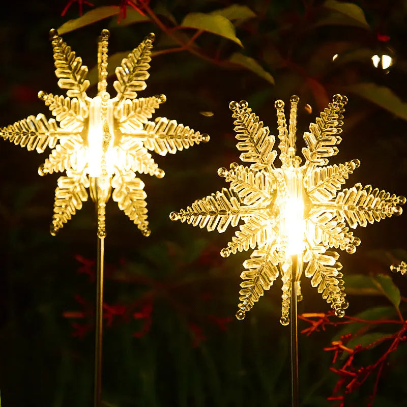 LED solar snowflake lawn light in warm white with 2V 100mA solar panel and waterproof outdoor design