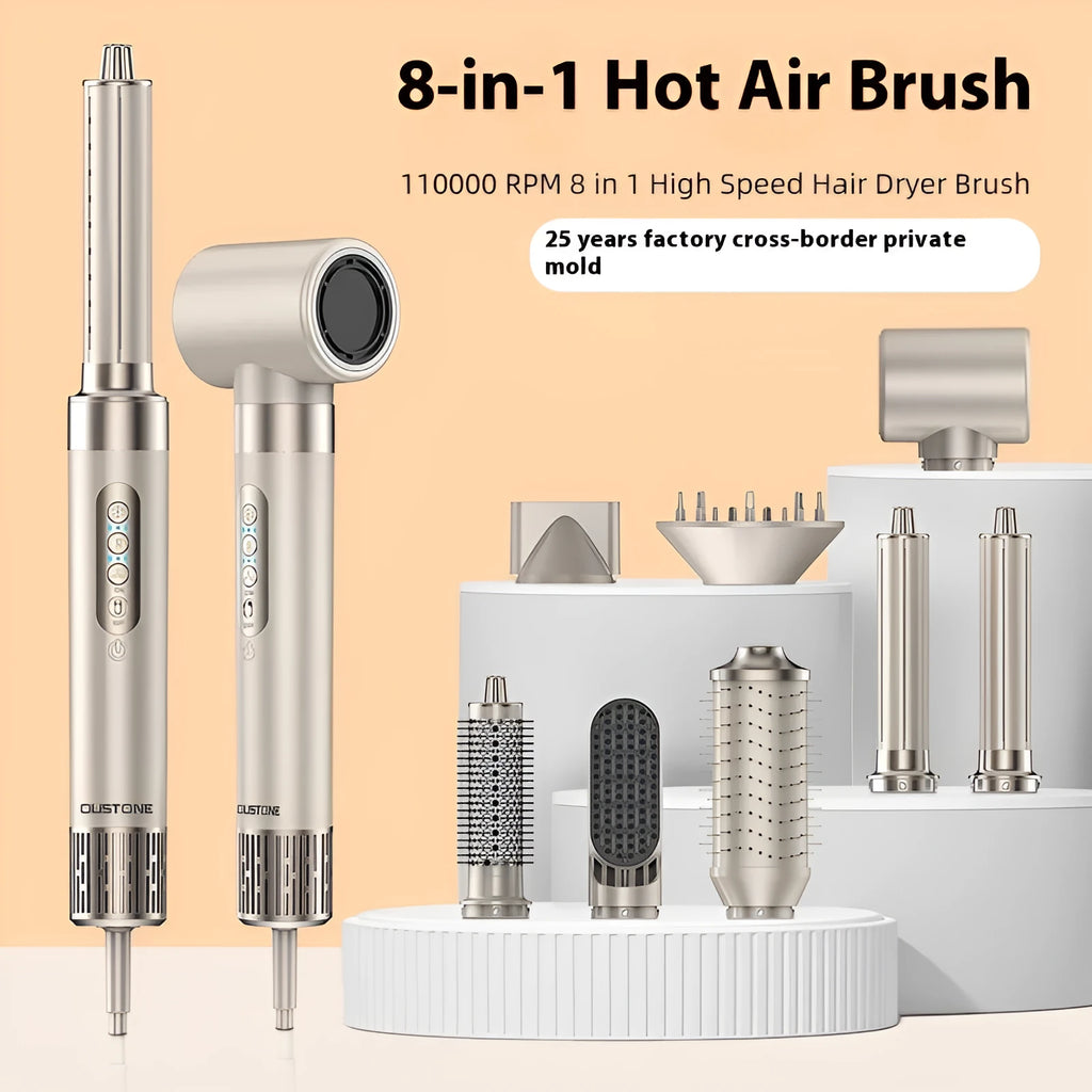 8-in-1 hair curler styling kit with brushless motor and attachments in champagne gold finish
