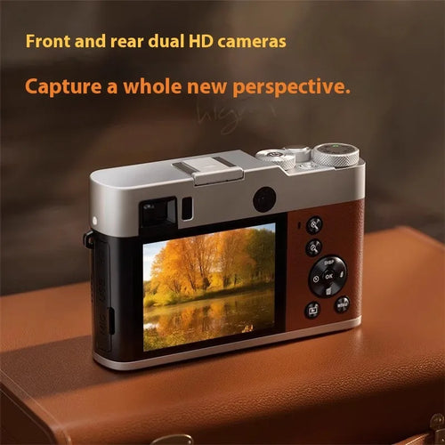 Black 5K digital camera with front and rear lenses, optical viewfinder, and 2.88-inch screen on a strap.