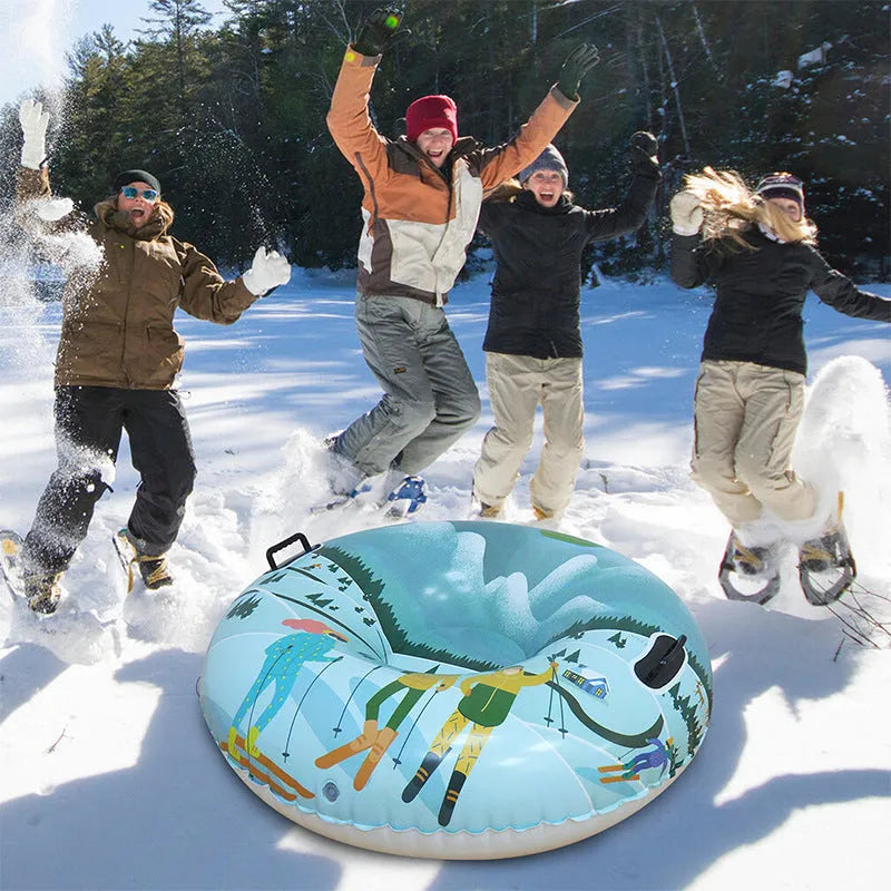 PVC winter skiing ring toy in thick plastic with flame red, ice-blue, and snow mountain printed designs.