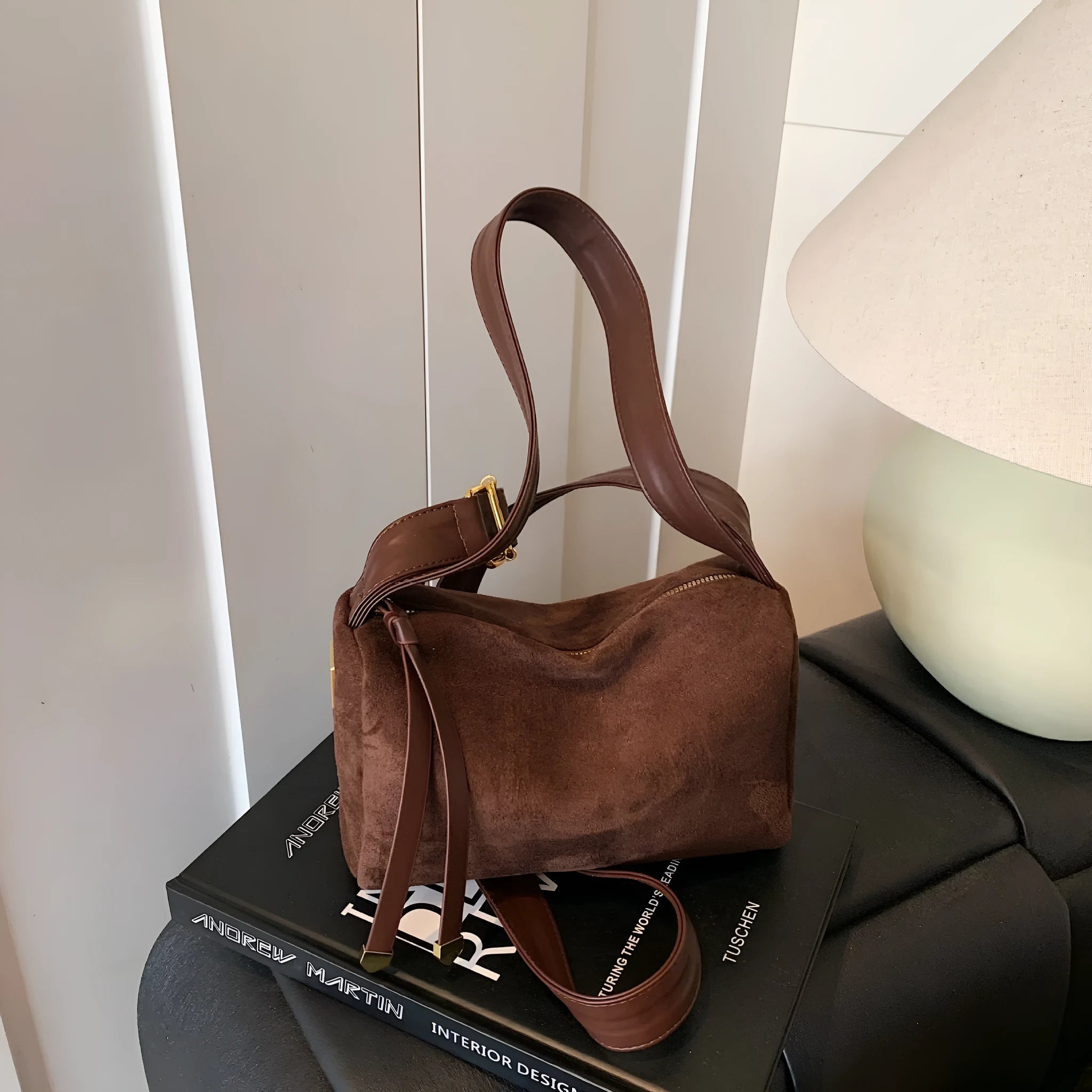 Women's vintage suede PU underarm bag with stitching, clamshell design, in black brown coffee and khaki colours