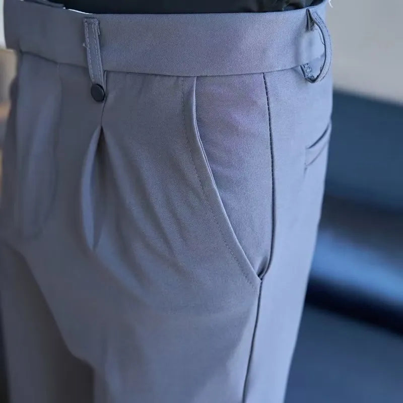 High waist straight double pleated casual suit pants in black and gray, polyester fibre, women size 28-38