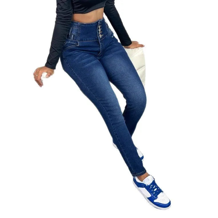 Women's dark blue breasted straight-leg jeans trousers with zip and button fastening
