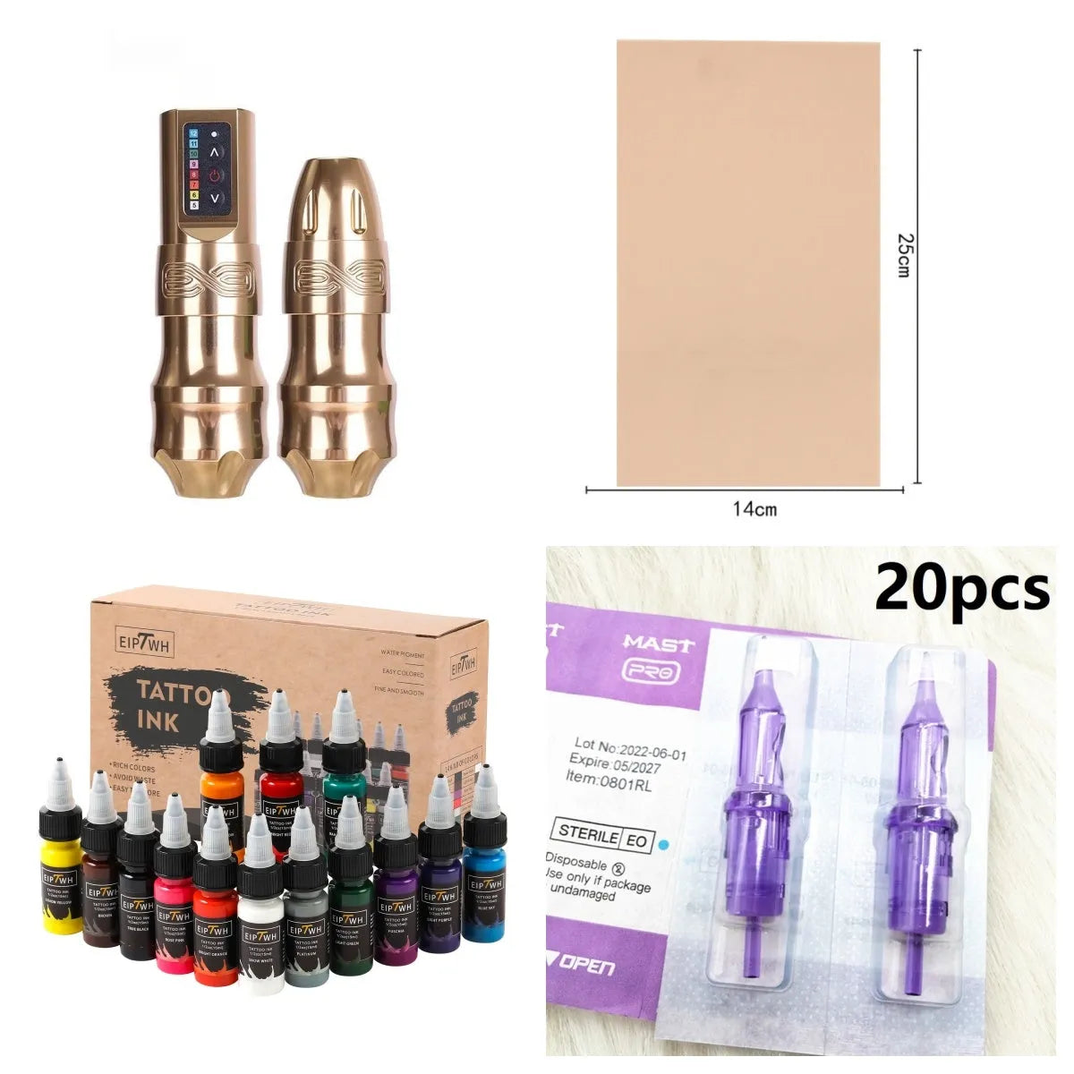 Dual battery wireless tattoo pen set with practice skin, paints and needles in multiple colours