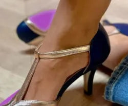 Women's round toe high heel shoe with button fastening in light blue pink colour.