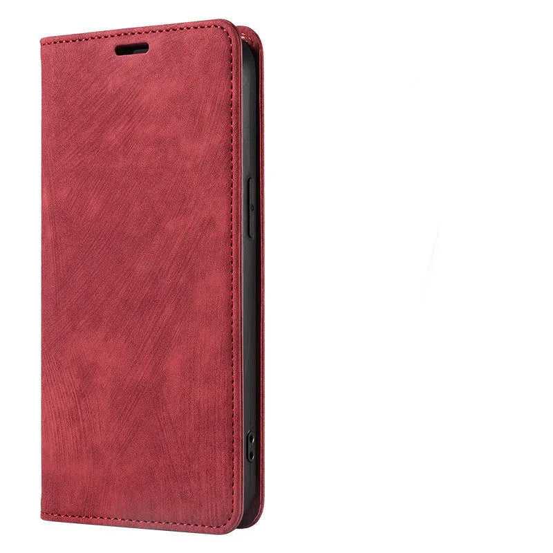 Magnetic flip phone case in grey showing front flap with card slots closed over an iPhone