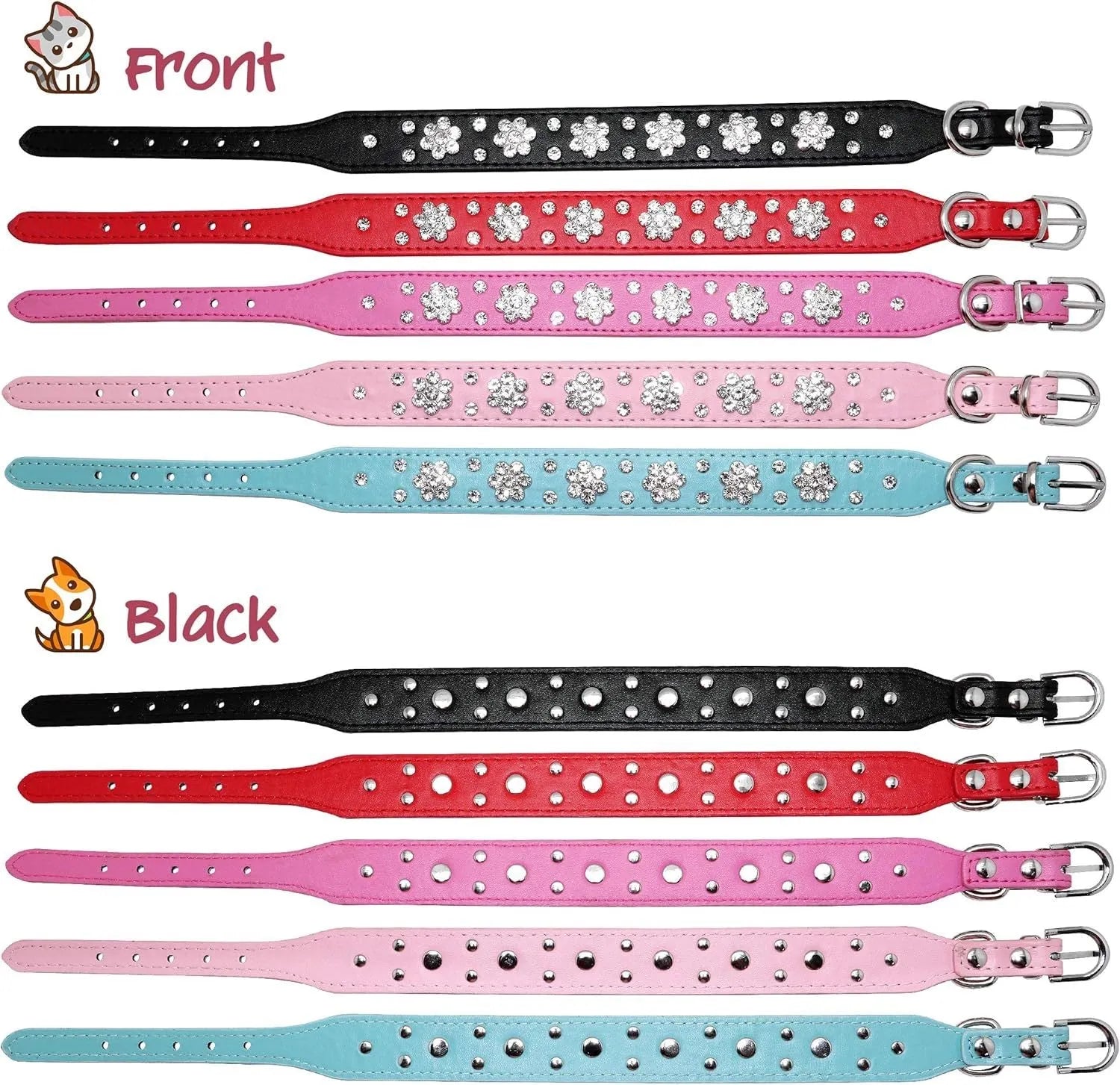 A black PU leather dog collar with a sparkling rhinestone flower pattern and metal studs, showing an adjustable metal buckle.