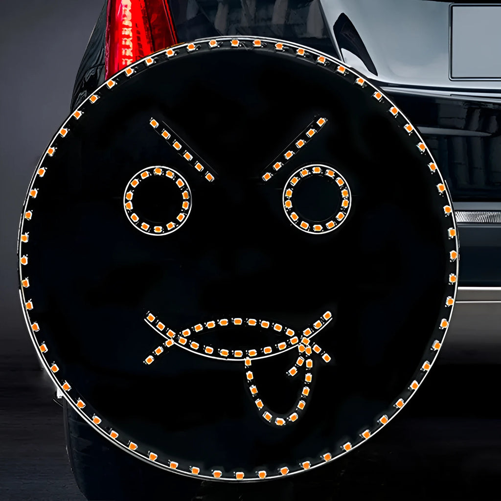 Black car rear window LED expression light showing orange smiley face pattern with remote control