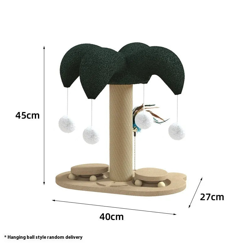 Solid wood cat climbing frame with rotating turntable and sisal scratching post in a panda design.