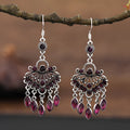 Purple retro crystal long fringe drop earrings with ethnic style details on an alloy base.
