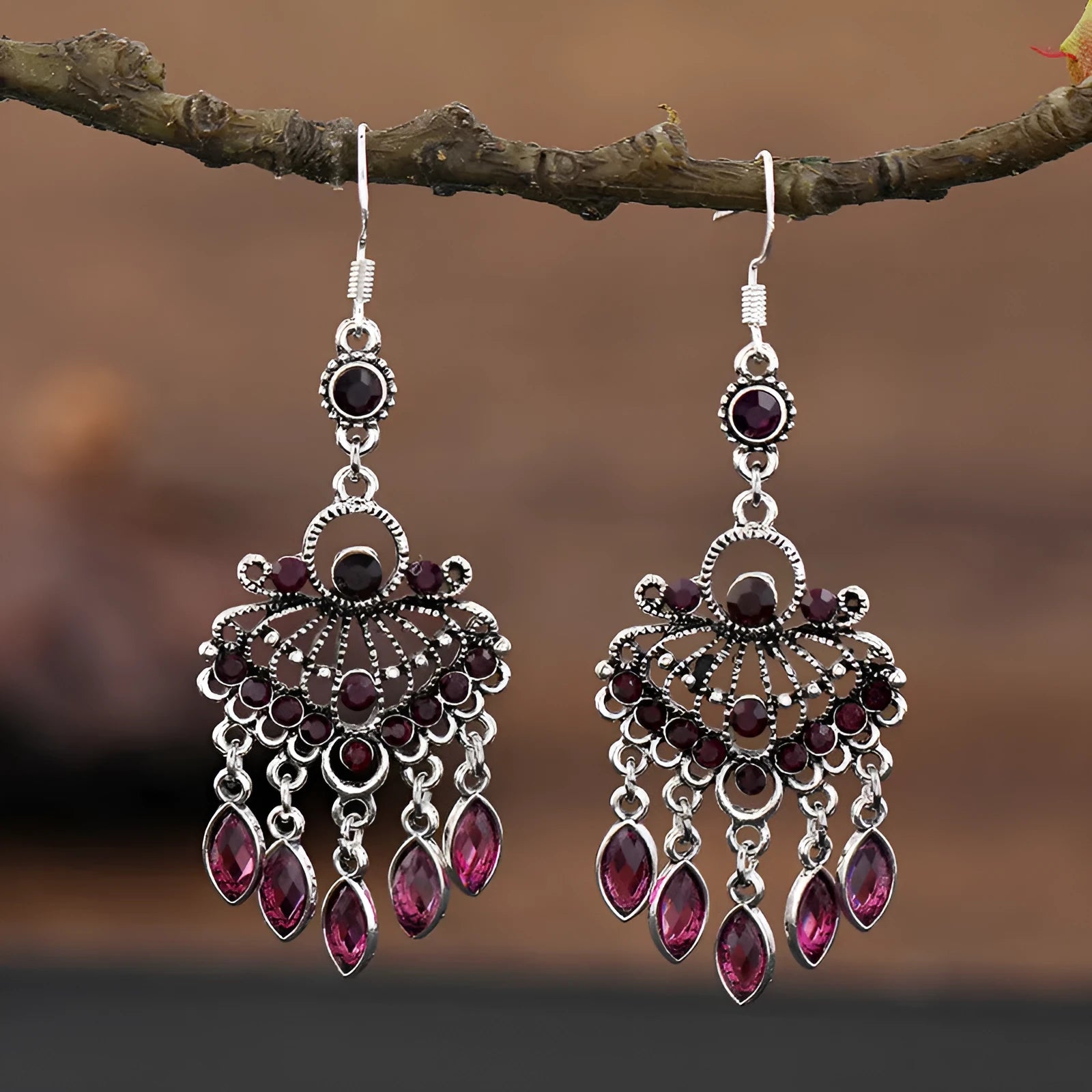 Purple retro crystal long fringe drop earrings with ethnic style details on an alloy base.