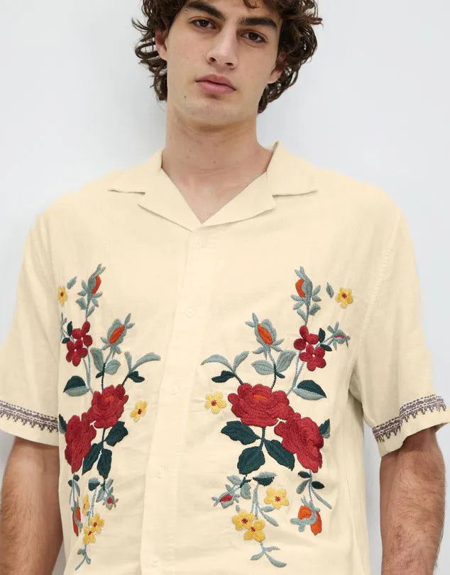 Men's vintage floral print shirt in apricot colour with short sleeves and lapel collar