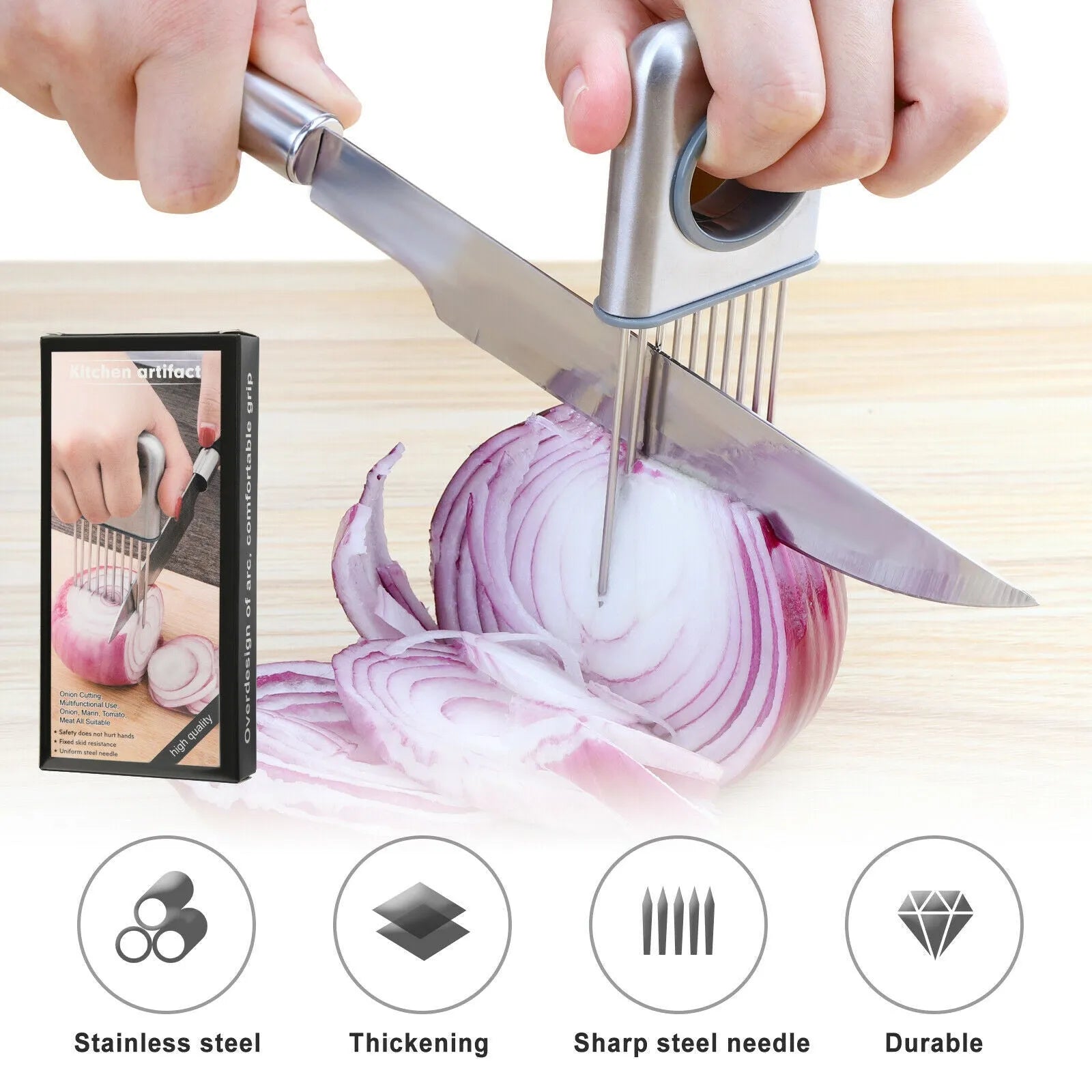 Stainless steel onion holder kitchen tool with sharp prongs and a red finger guard protector on a cutting board.