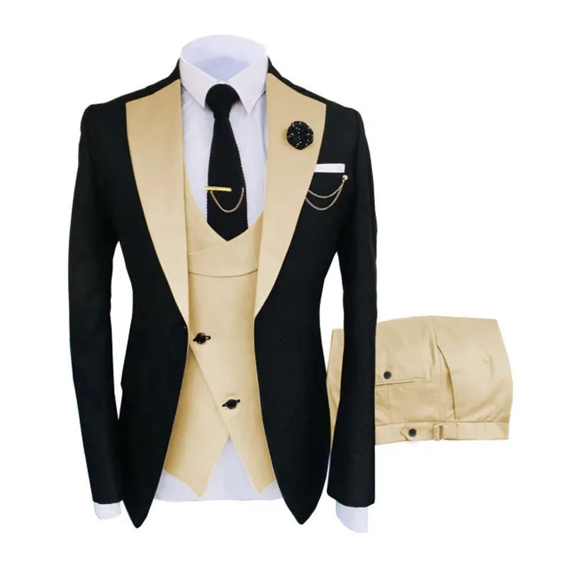 Men's slim fit cotton business three-piece suit including coat, vest, and trousers