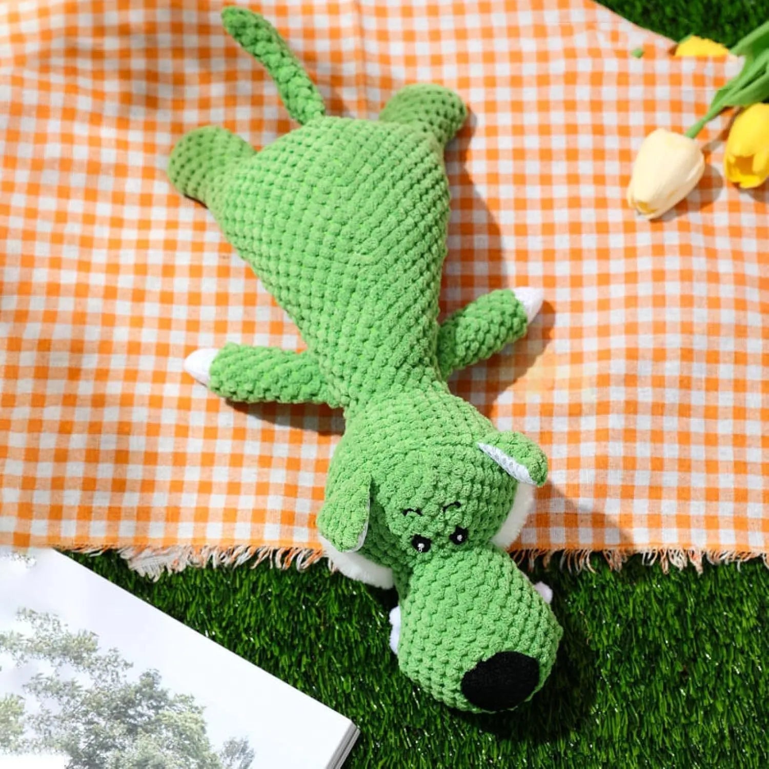 Animal-shaped plush dog toy with corn kernel texture for dental cleaning and squeeze-activated sound