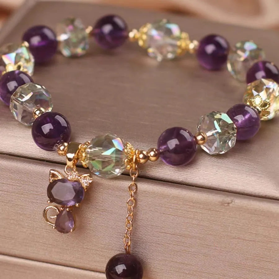 Natural purple amethyst crystal bracelet with nine-tailed fox pendant and flower charm