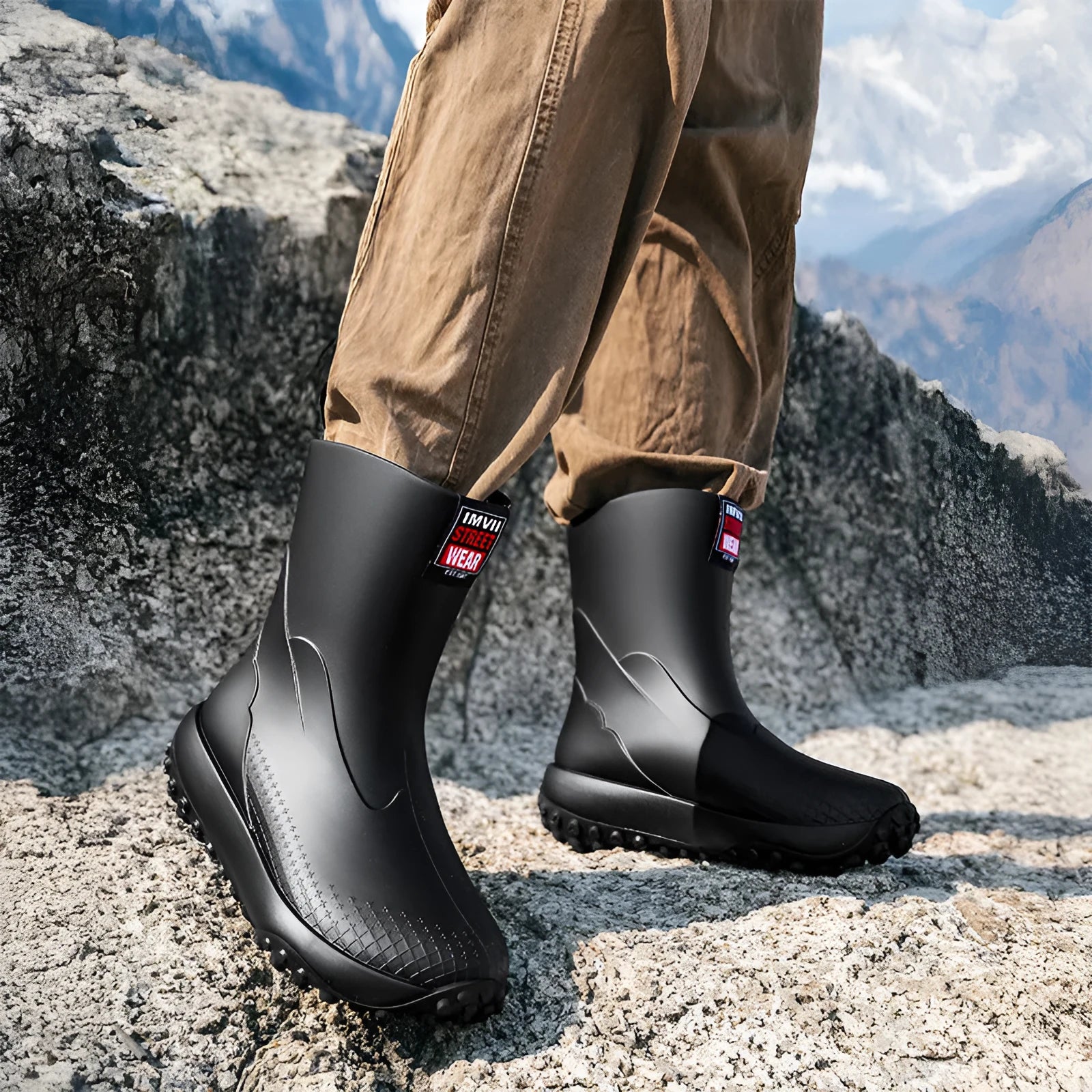 Men's PVC oversleeve rain boots in beige with a non-slip plastic sole.